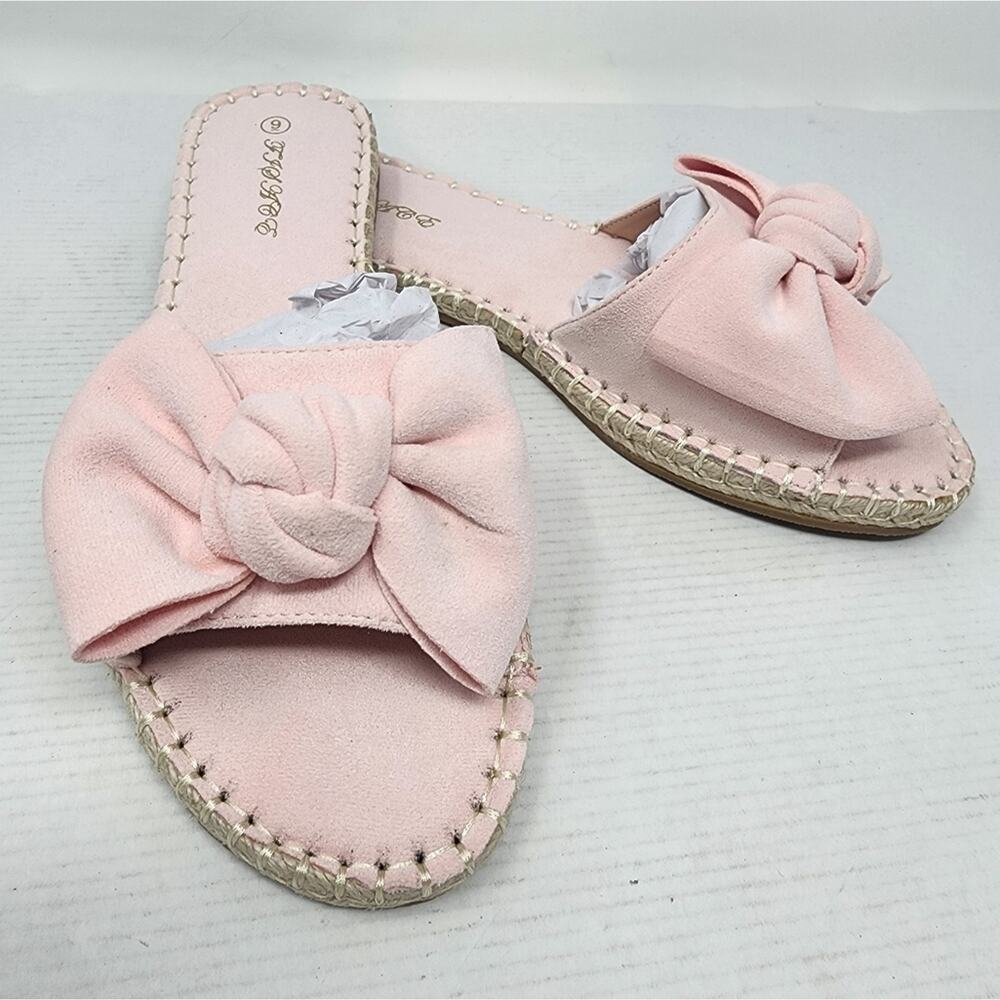 New Pink Bow Slide Sandals Espadrille Stotch Faux Suede Flats Cute Summer Size 9 - Picture 3 of 7